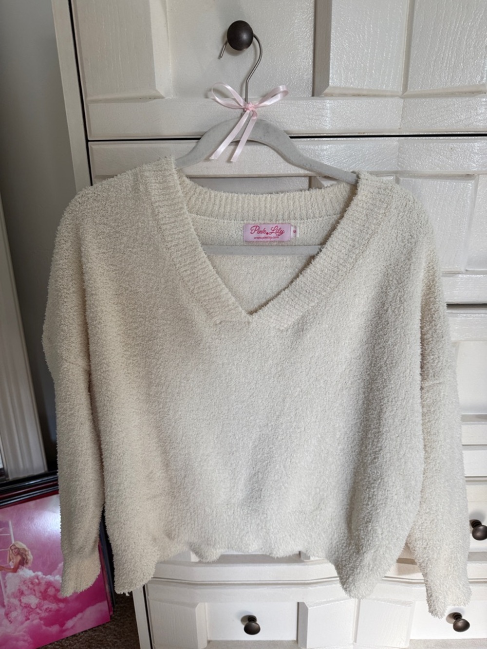 Pink Lily white fuzzy sweater